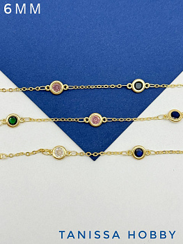 Цепочка якорная цветные фианиты микс 6мм, 10см, позолота, СН249
