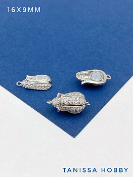 Замок магнитный цветок бутон с фианитами, 16х9мм, родий, КР003