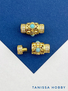 Карабин замок винтовой с бирюзой и фианитами, 10х6мм, позолота, К324