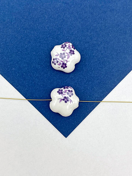 Бусина фарфоровая, керамика, 14мм, цветок, фиолетовый, штука, П259