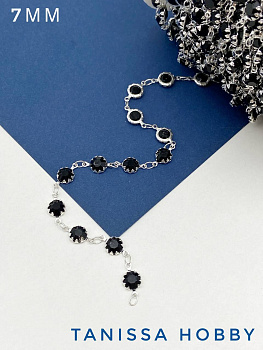 Цепочка тонкая, хрусталь 7мм, черный, 50см, серебро, СН237