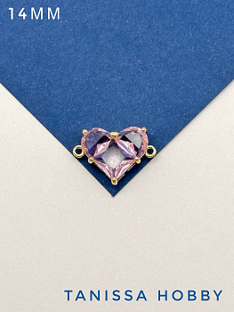 Коннектор сердце фианит, 14мм, розовый, позолота, А836