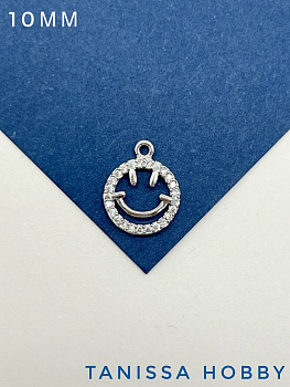 Подвеска смайлик с фианитами, 10мм, родий, Р518