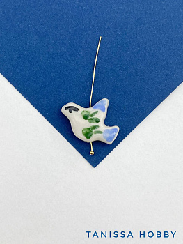 Бусина птица расписная, голубь мира, 26х20мм, керамика, голубой, П306