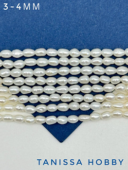 Жемчуг натуральный культивированный мелкий, рис, 3-4мм, ААА, нить, Ж029