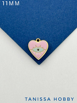 Подвеска сердце глаз, 11мм, розовая эмаль, сталь, позолота, Ч112