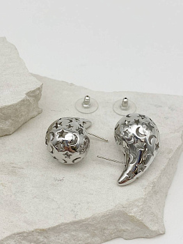 Серьги пусеты капли узор звезда, 32х18мм, родий, 985