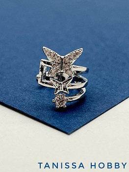 Кафф тройной бабочка с фианитами, родий, Е215