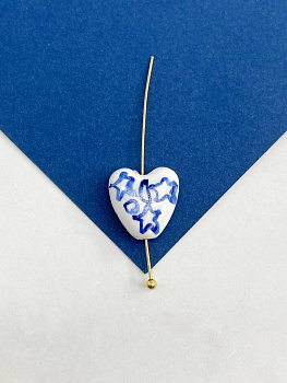 Бусина фарфоровая, керамика, сердце 14мм, гжель, штука, П287