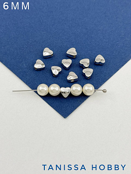 Разделители бусины сердце 6мм, родий, 10 штук, ОПТ026