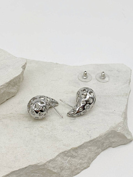 Серьги пусеты капли узор сердце, 26х15мм, родий, 867