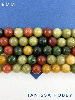 Агат, осенний зеленый бордовый микс, бусины круглые 8мм, нить, Б145