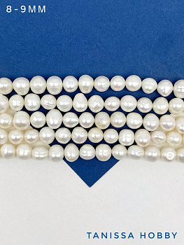 Жемчуг натуральный культивированный, круглый, АВ, 8-9мм, нить, Ж174