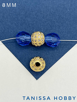 Бусина разделительная, круглая, с фианитами, 8мм, позолота, Р308