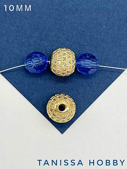 Бусина разделительная, круглая, с фианитами, 10мм, позолота, Р309