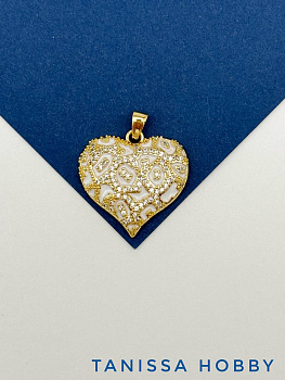 Подвеска сердце леопард белый с фианитами, 23мм, позолота, Д532