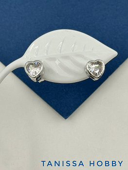 Швензы пусеты сердце фианит, родий, Е414