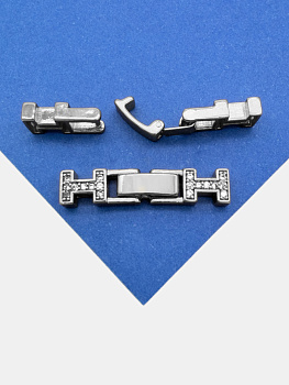 Карабин замок застежка с фианитами, прямоугольный, 29х6мм, родий, Р018