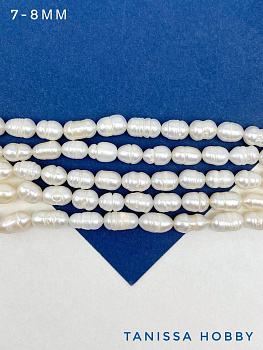 Жемчуг натуральный культивированный рис, 7-8мм, В, нить, Ж178