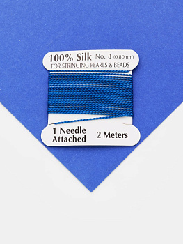 Нить для жемчуга и камней, шелк, 0,8мм, синий, катушка 2м + игла в комплекте, Ц090