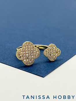 Кольцо безразмерное двойной клевер, позолота, У079