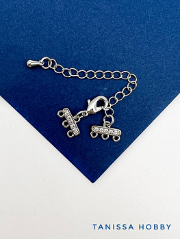 Карабин лобстер многорядный с коннекторами на 3 нити с фианитами, родий, Д115