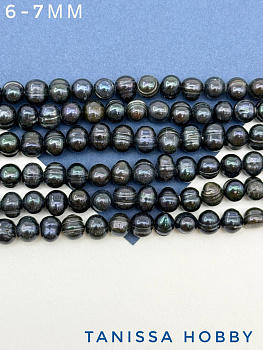 Жемчуг круглый 6-7мм, синий черный (культивированный), АВ, нить, Ж031