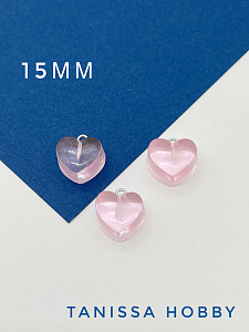 Подвеска кулон розовое сердце акрил пластик, 15мм, родий, П001