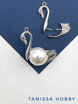 Подвеска лебедь для вклейки - 2 элемента, 25х18мм, родий, В427