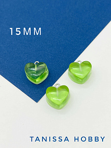 Подвеска кулон зелёное сердце акрил пластик, 15мм, родий, П004
