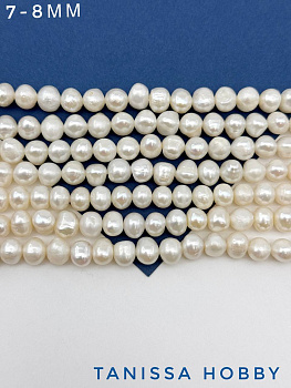 Жемчуг натуральный культивированный, круглый, яйцо, 7-8мм, А, нить, Ж124