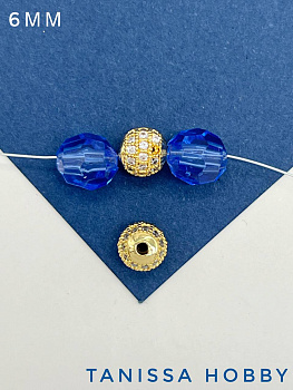 Бусина разделительная, круглая, с фианитами, 6мм, позолота, Р307