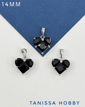 Подвеска сердце фианит черный 14мм, родий, Ю315