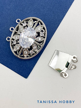 Замок карабин для многорядного колье на 3 нити, родий, Д081