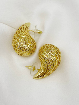 Серьги пусеты капли узор, 32х18мм, позолота, 941