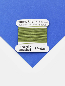 Нить для жемчуга и камней, шелк, 0,8мм, зеленый хаки, катушка 2м + игла в комплекте, Ц094