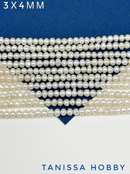 Жемчуг натуральный культивированный, круглый яйцо, 3х4мм, АА, нить, Ж071