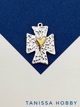 Подвеска крест сердце, биколор, сталь, позолота, Ш523
