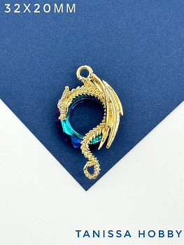Подвеска Дракон, рондель Bermuda blue, позолота, Д150