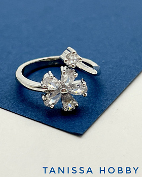 Кольцо безразмерное, цветок, родий, У068