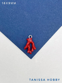 Подвеска коралл, красная эмаль, 16х9мм, родий, Ю815