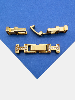 Карабин замок застежка с фианитами, прямоугольный, 29х6мм, позолота, Р024