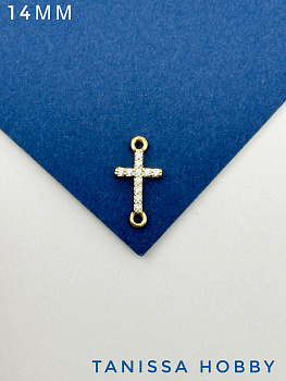 Коннектор крест с фианитами, 14мм, позолота, Ю209