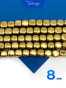 Гематин гематит бусины куб квадрат 8мм, золото, нить, ГТ101