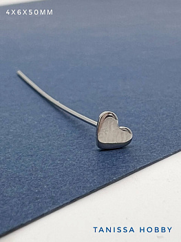 Пин жесткий 50мм сердце, родий, ШТУКА, К821