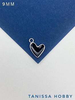 Подвеска сердце, 9мм, черная эмаль, родий, Ю703