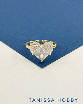 Кольцо безразмерное сердце фианит, позолота, У019