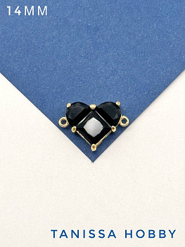 Коннектор сердце фианит, 14мм, черный, позолота, А734