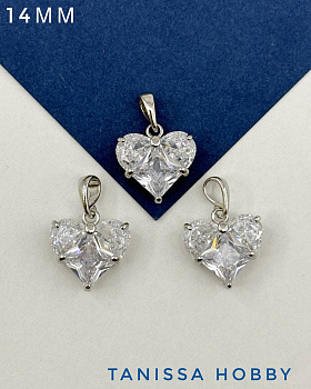 Подвеска сердце фианит прозрачный 14мм, родий, Ю318