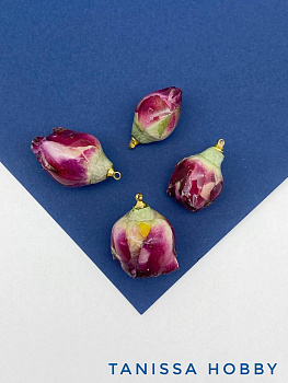 Подвеска цветок, бутон, роза в смоле, белый бордовый, позолота, П079